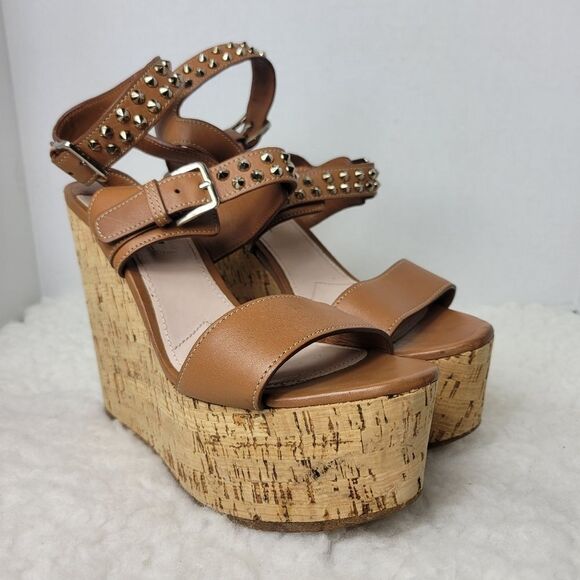 Miu Miu Women's Size 8.5 Brown Studded Spike Ankle Cork Platform WedgeSandals